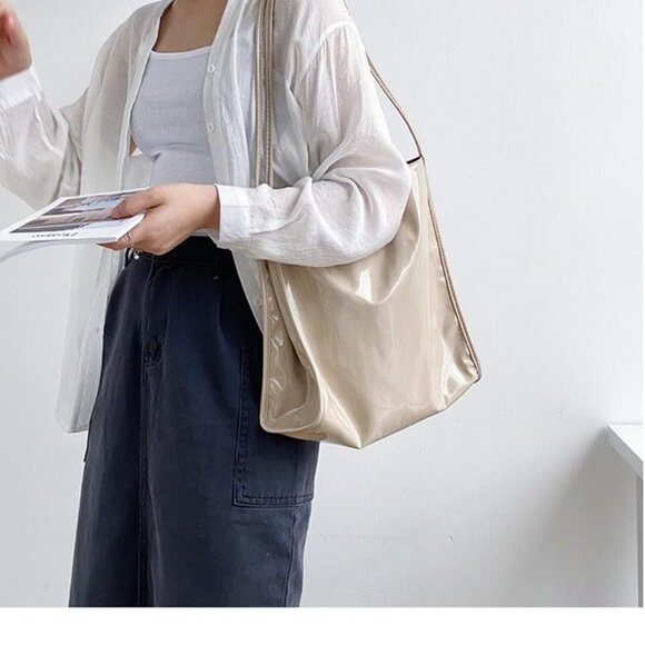 Women Patent Leather Bag Soft Tote Bag Shiny Shoulder Bag Minimal Purse Fashion - Picture 6 of 7